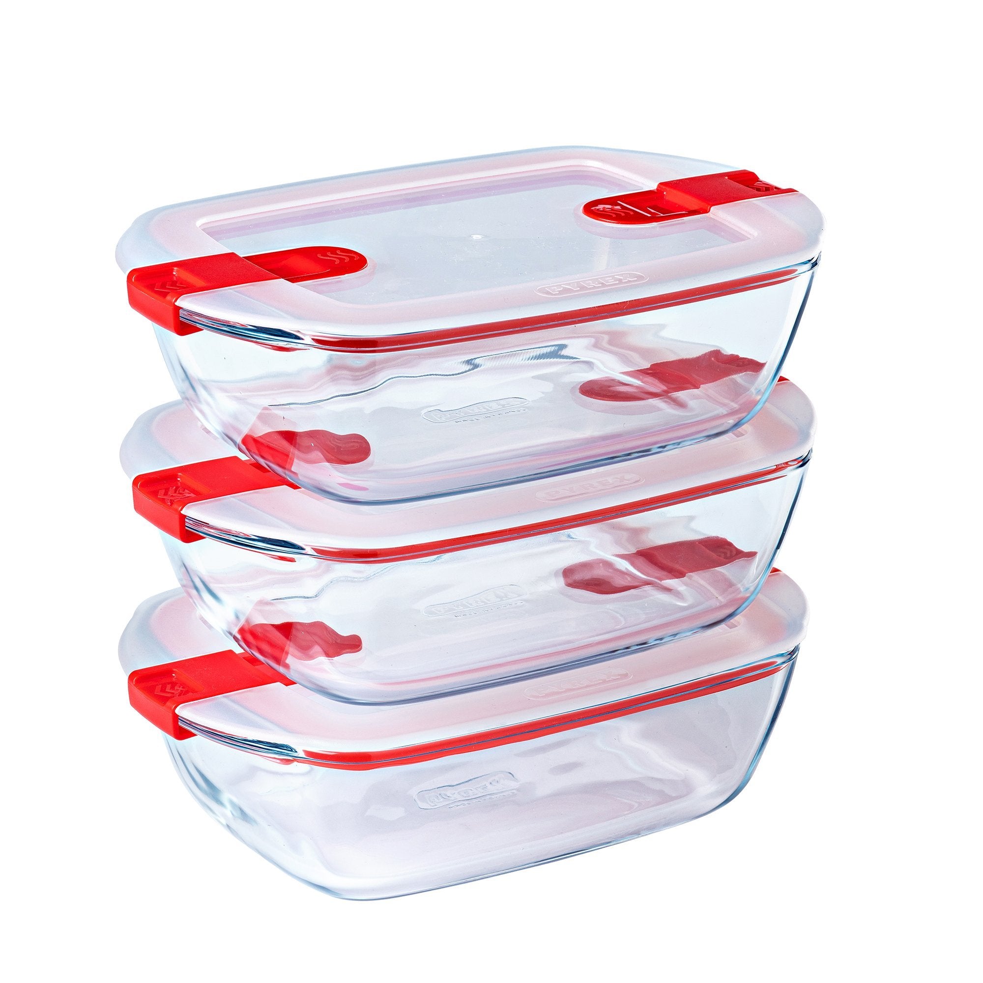 Recipientes de vidrio, Pyrex, con tapa para almacenamiento de alimentos,  cubierta roja